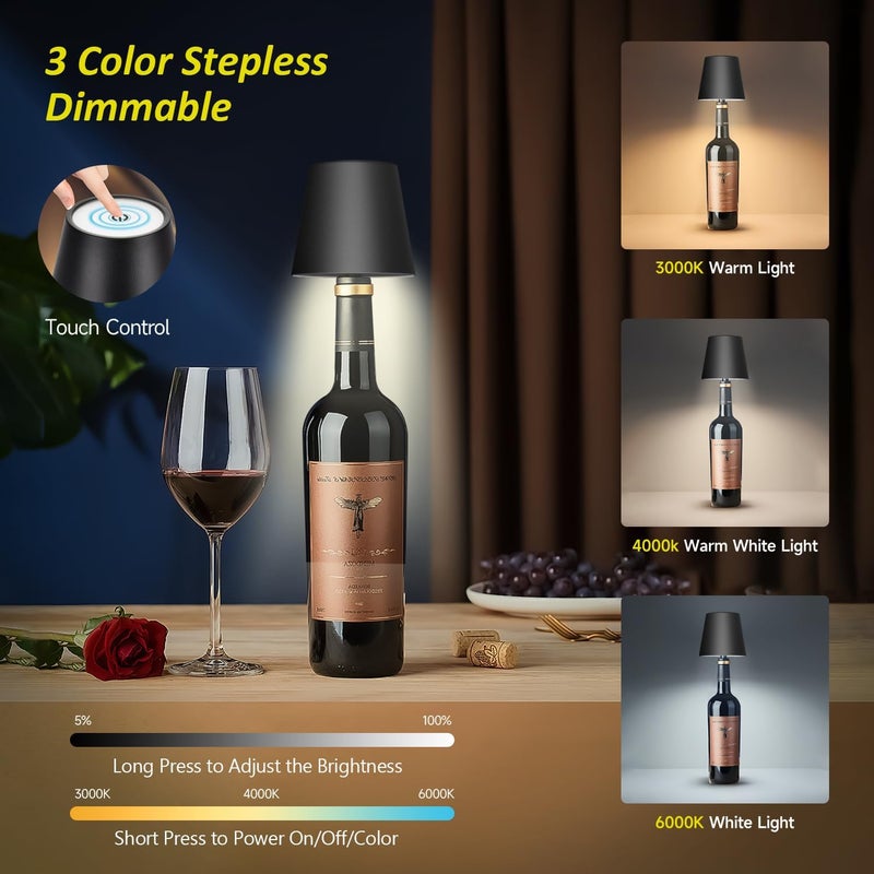 Hoide Store 2025 New Wireless Bottle Lamp - LED Bottle Lights for Liquor & Wine Bottles, Cordless Lampshade, Whiskey Bottle Top Light, Bottle Stopper Night Light Kit, Rechargeable 3-Tone Touch-Dimmable - Image 2